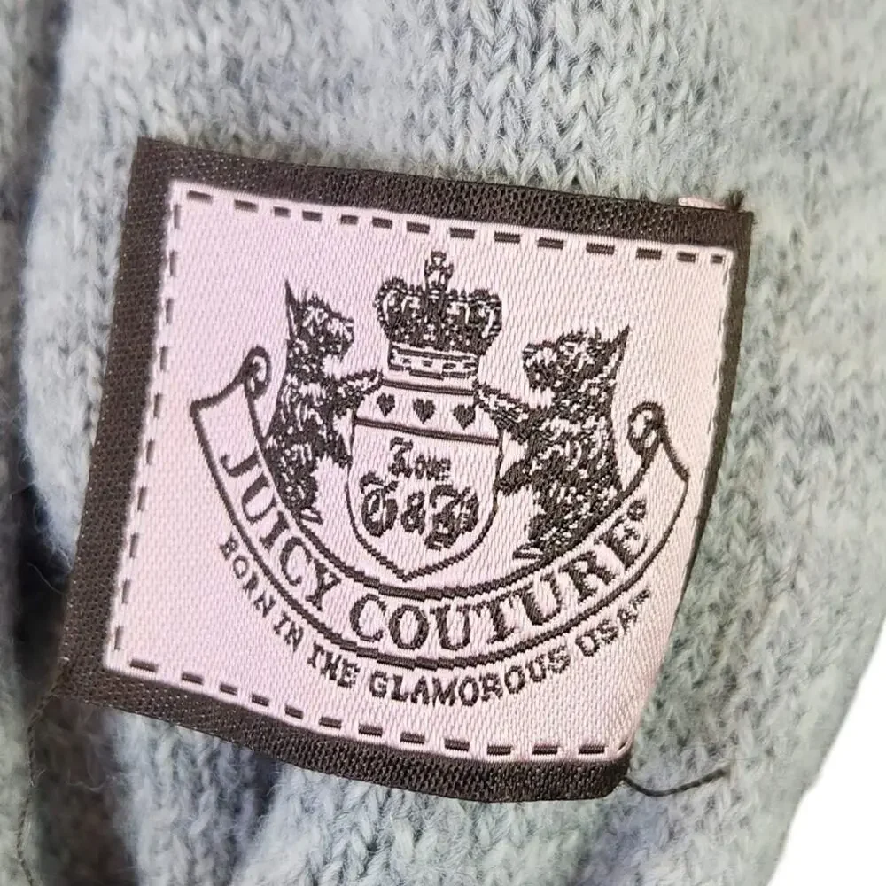 Juicy Couture Gray Knit Scarf Faux Fur Pompoms Bow Y2K 2000s Retro